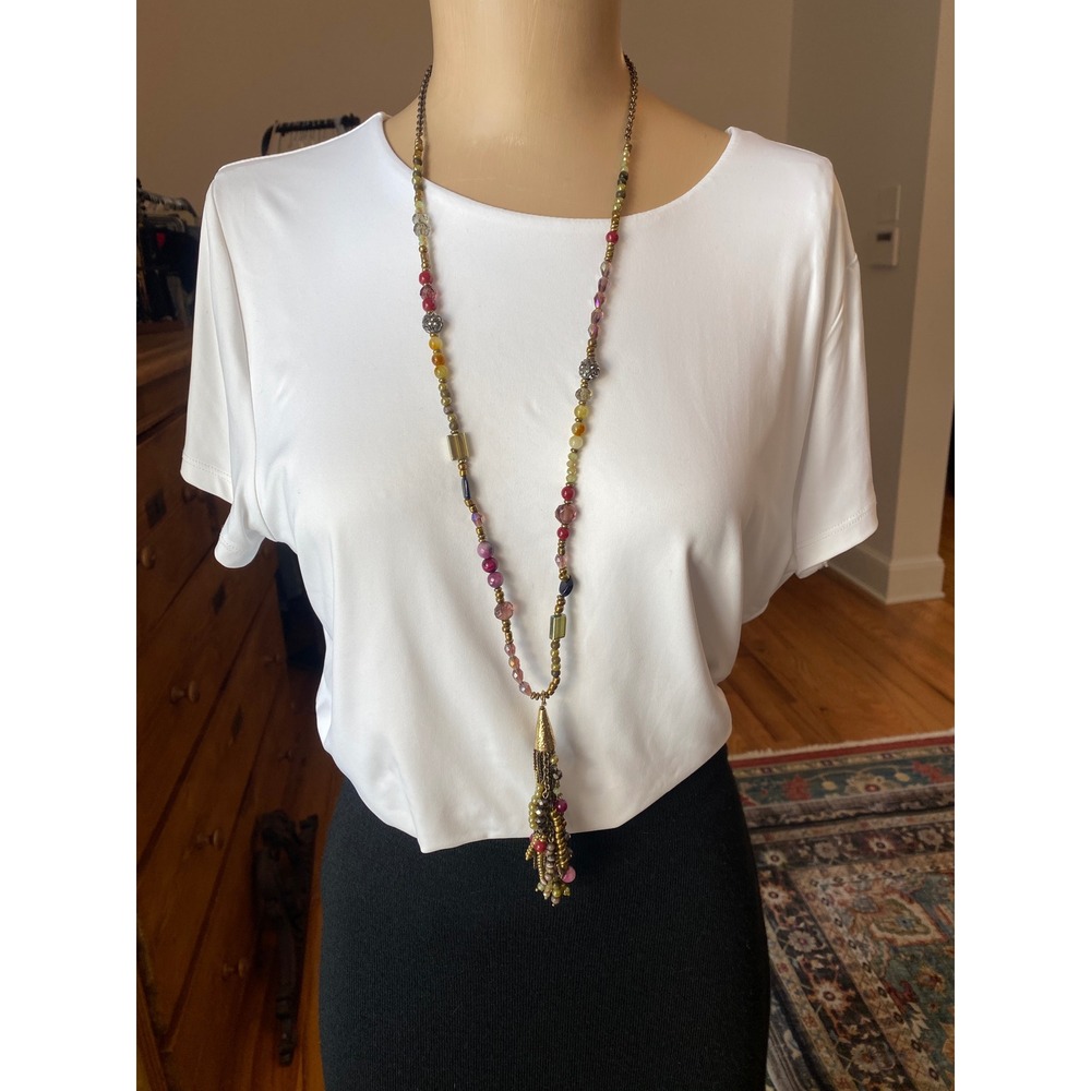 Chico's Long Beaded‎ Tassel Necklace Gold Tone Multi Color Stone Glass Boho